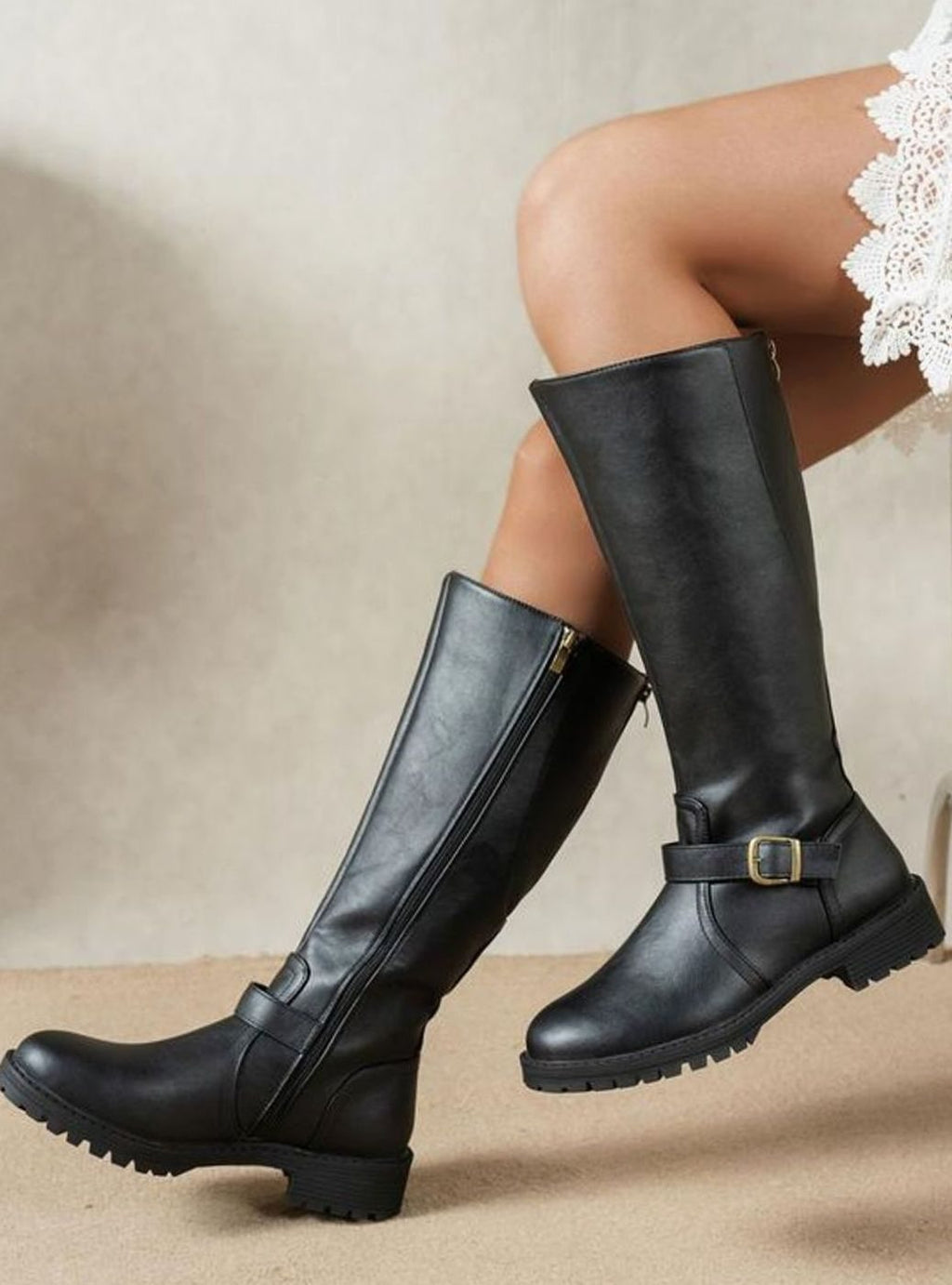 Women's Buckle-Strap Block-Heel Knee High Boots - Black