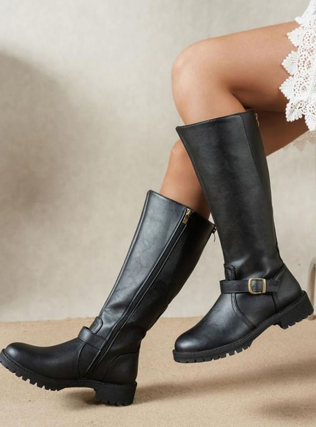 Women's Buckle-Strap Block-Heel Knee High Boots - Black