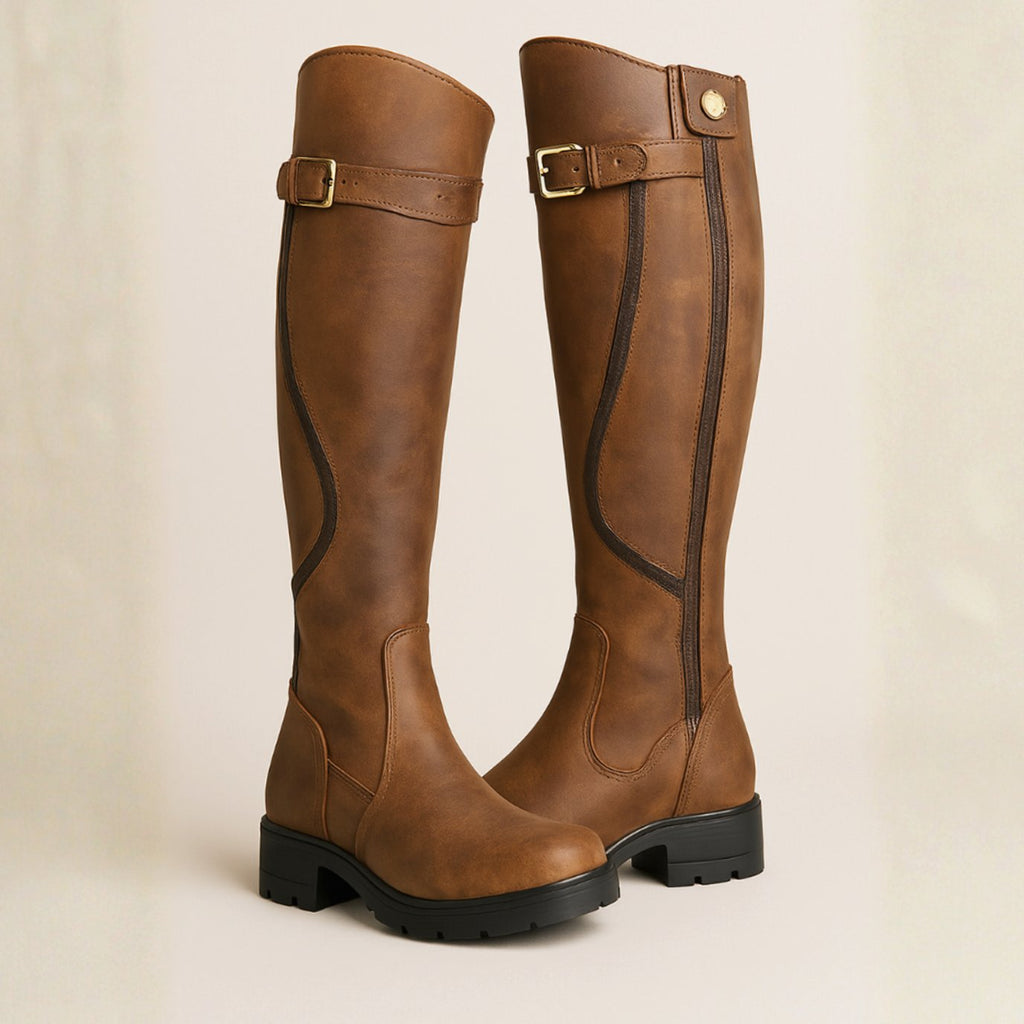 Women's Buckle-Strap Lug-Sole Knee High Boots - Brown