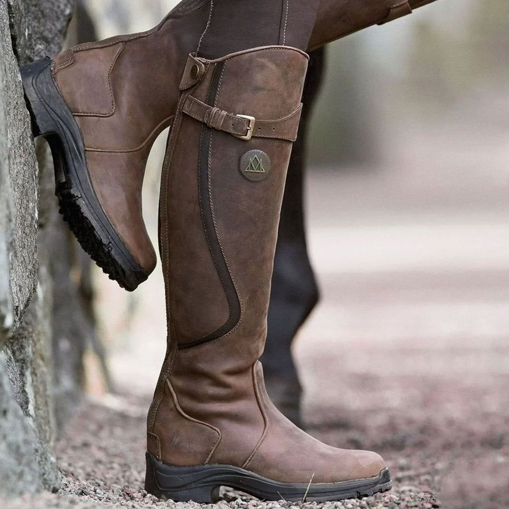 Women's Buckle-Strap Lug-Sole Knee High Boots - Dark Brown