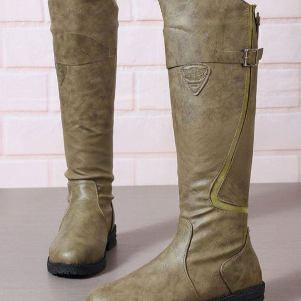 Women's Buckle-Strap Lug-Sole Knee High Boots - Green