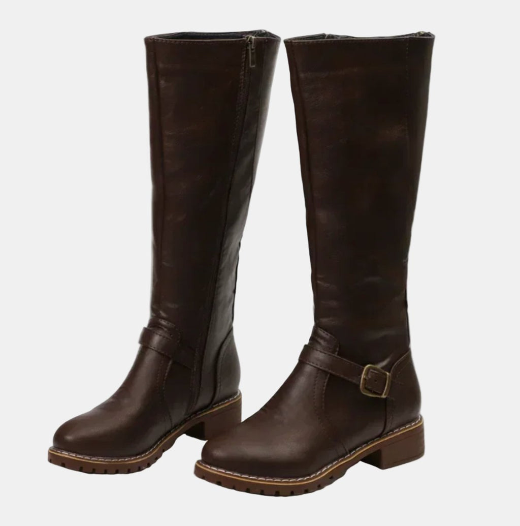Women's Buckle-Strap Riding Knee High Boots Low Heel