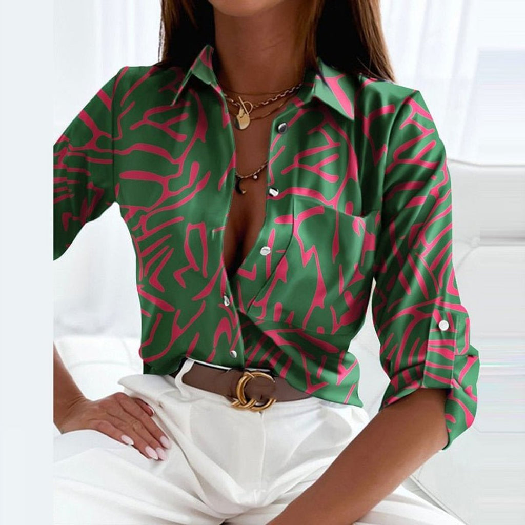 Women's Button-Down Geometric Print Collared Blouse - Green