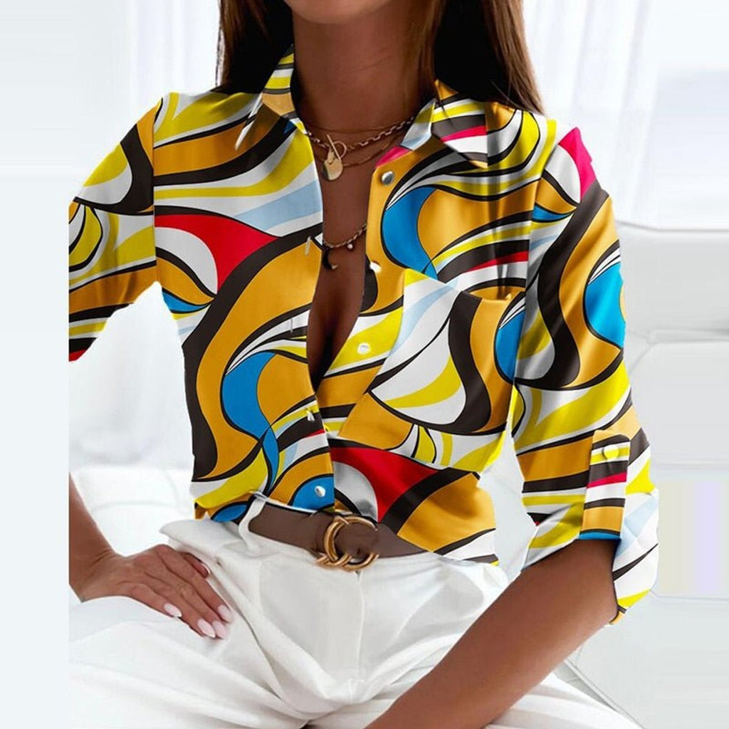 Women's Button-Down Geometric Print Collared Blouse - Yellow Labyrinth