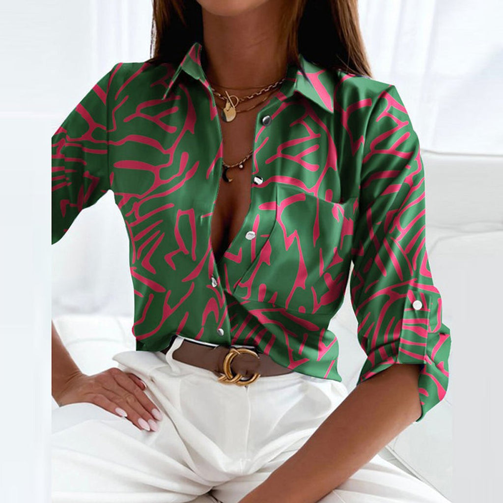 Women's Button-Down Geometric Print Collared Blouse