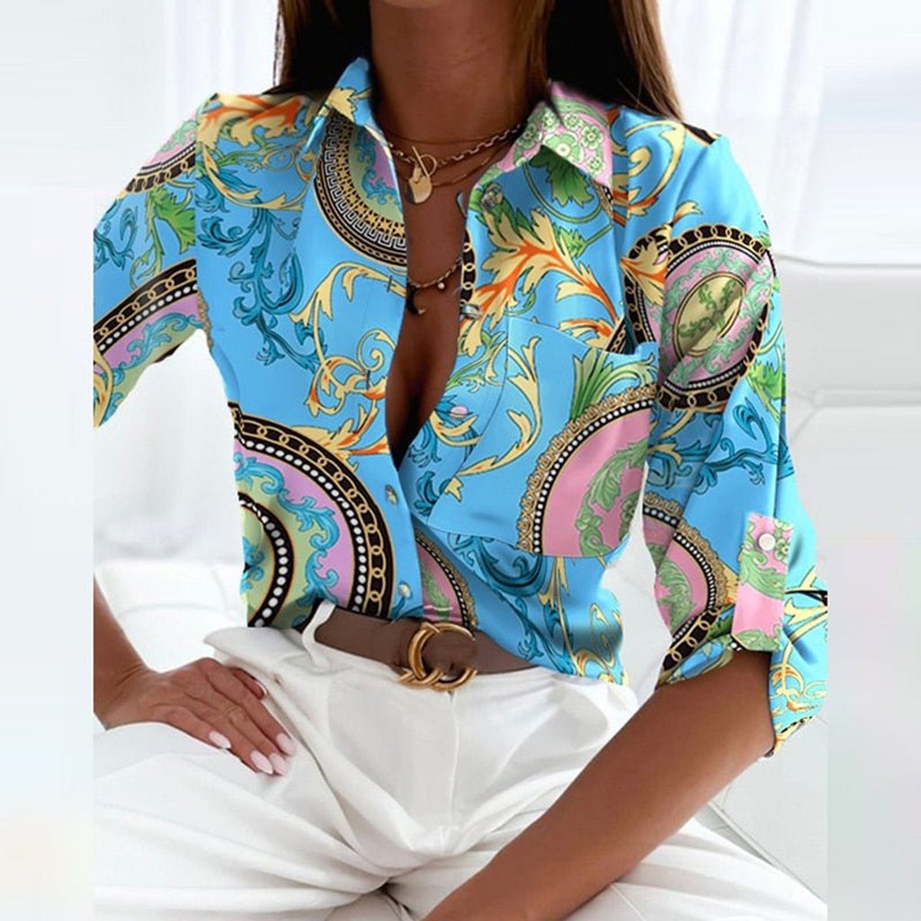 Women's Button-Down Geometric Print Collared Blouse - Light Blue