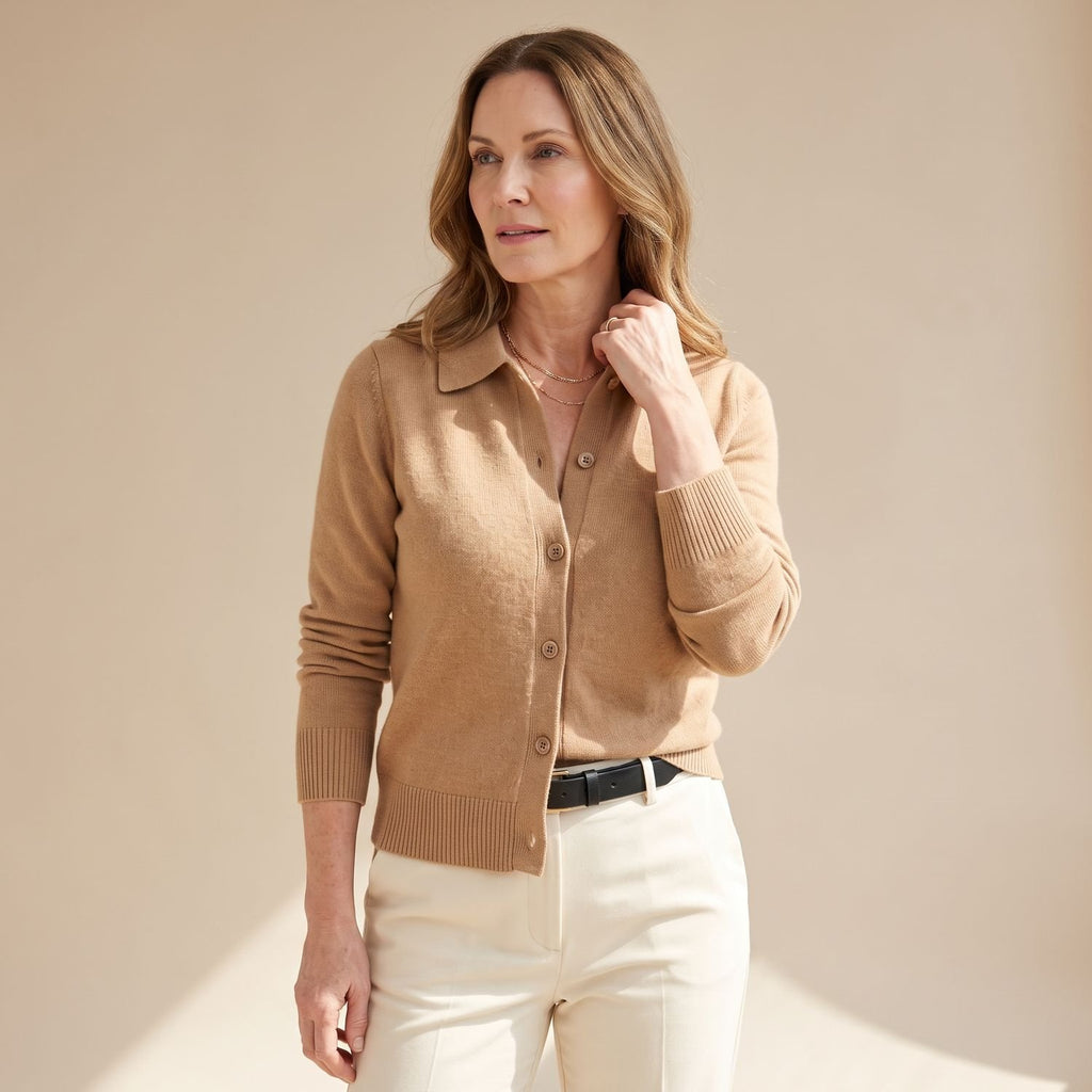 Women's Button-Front Long-Sleeve Collared Knit Cardigan Sweater - Brown