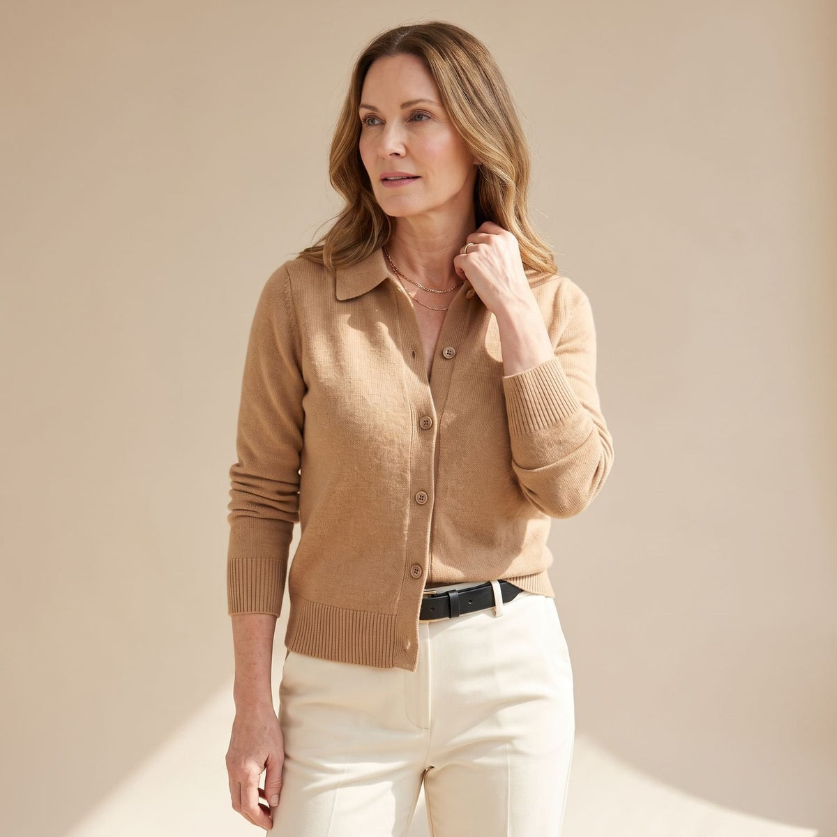 Women's Button-Front Long-Sleeve Collared Knit Cardigan Sweater - Brown