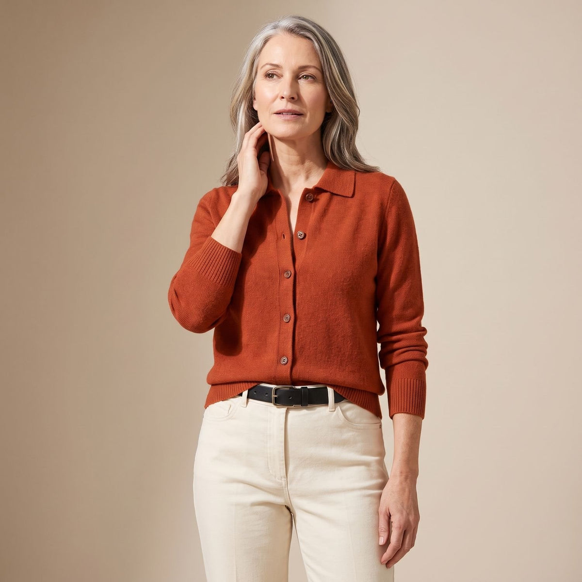Women's Button-Front Long-Sleeve Collared Knit Cardigan Sweater
