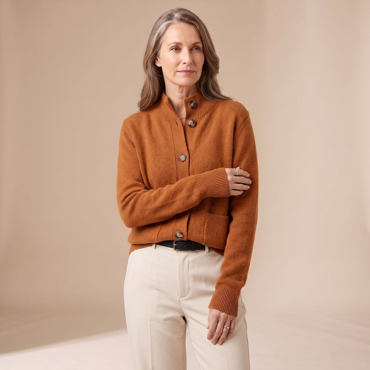 Women's Button-Front Long-Sleeve Collared Knit Cardigan Sweater - Orange