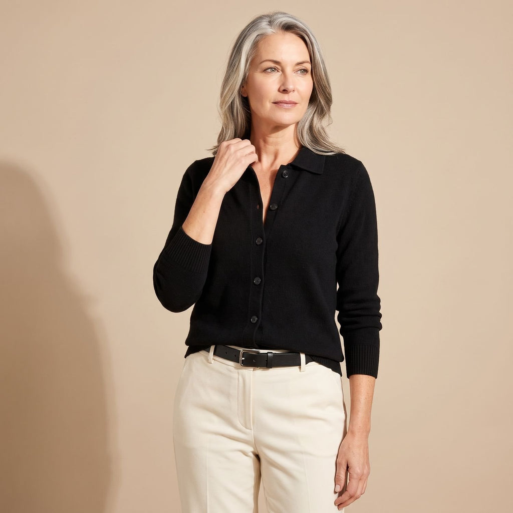 Women's Button-Front Long-Sleeve Collared Knit Cardigan Sweater - Black