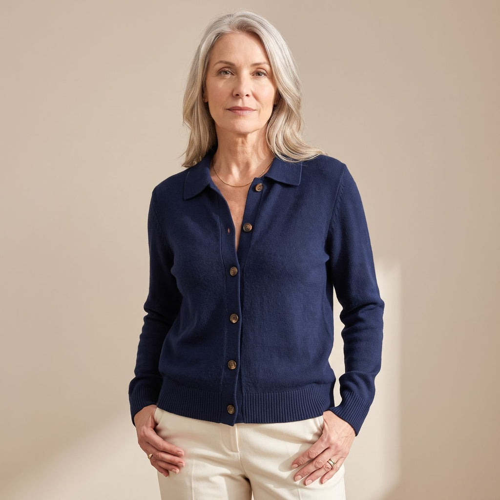 Women's Button-Front Long-Sleeve Collared Knit Cardigan Sweater - Dark Blue