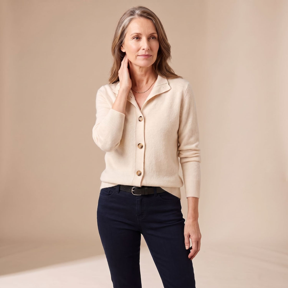 Women's Button-Front Long-Sleeve Collared Knit Cardigan Sweater - Beige