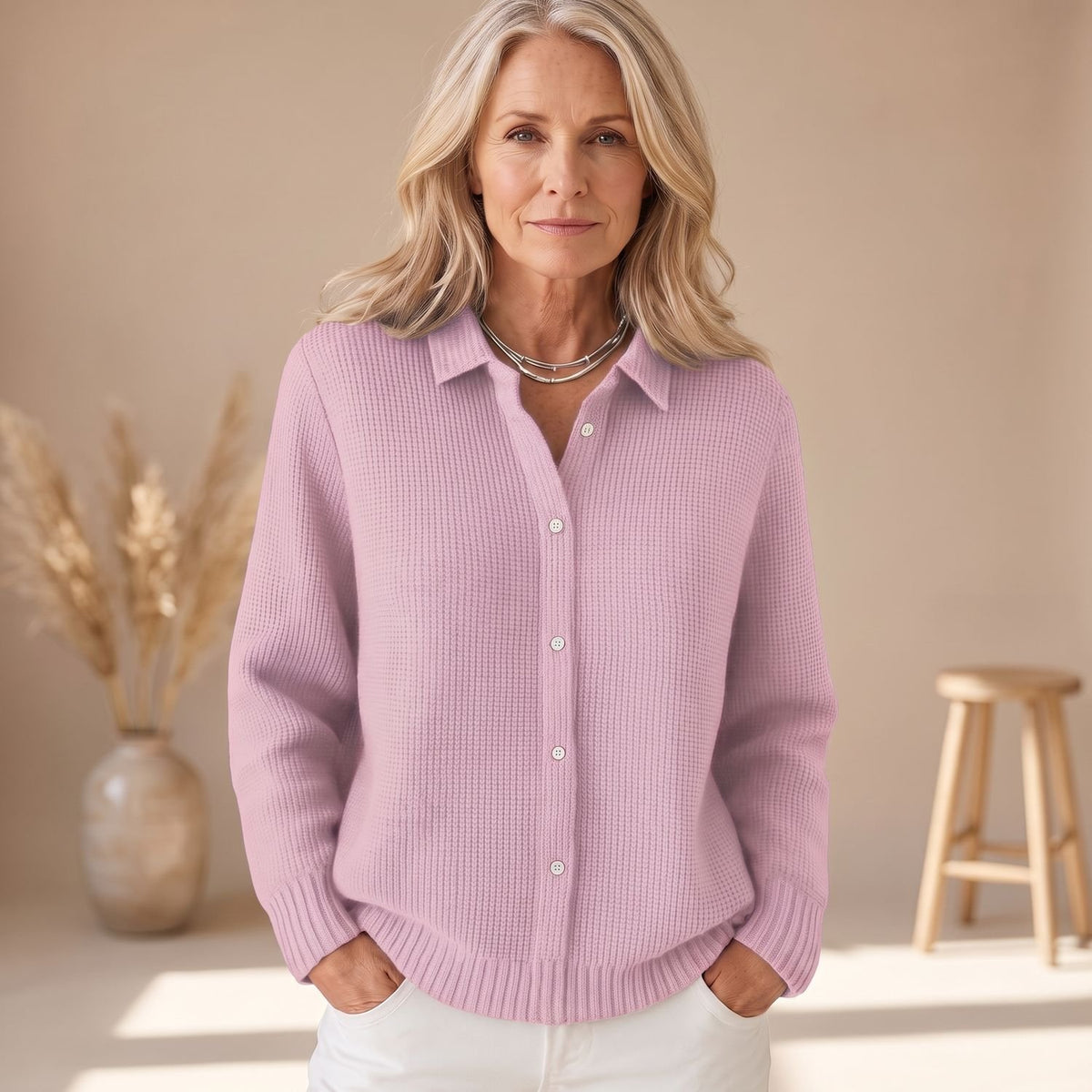 Women's Button-Front Long Sleeve Knit Cardigan Sweater - Pink