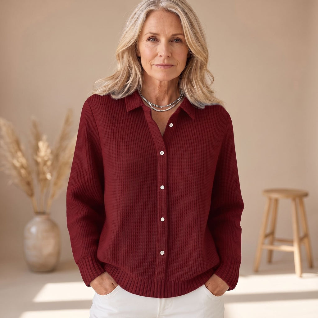 Women's Button-Front Long Sleeve Knit Cardigan Sweater - Dark Red
