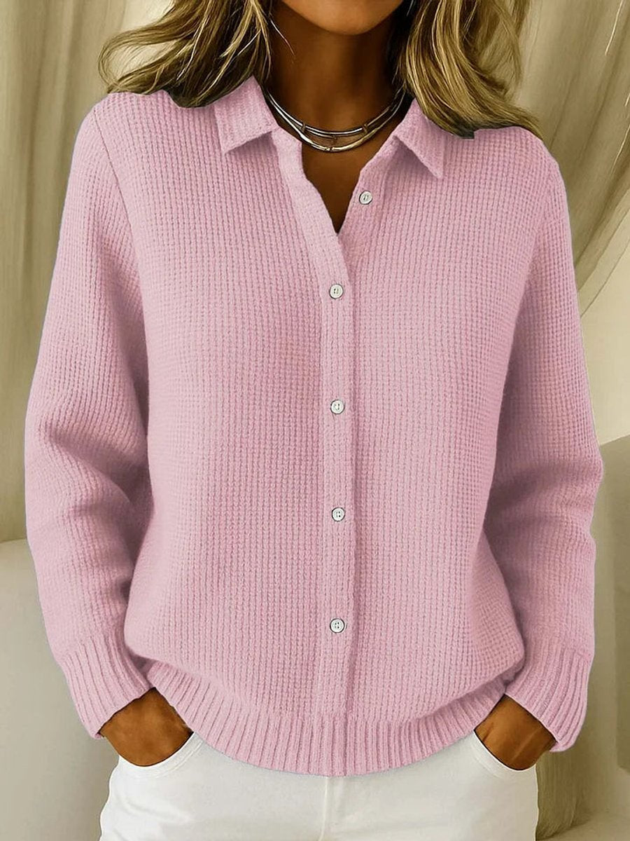 Women's Button-Front Long-Sleeve Ribbed Knit Cardigan Sweater - Pink