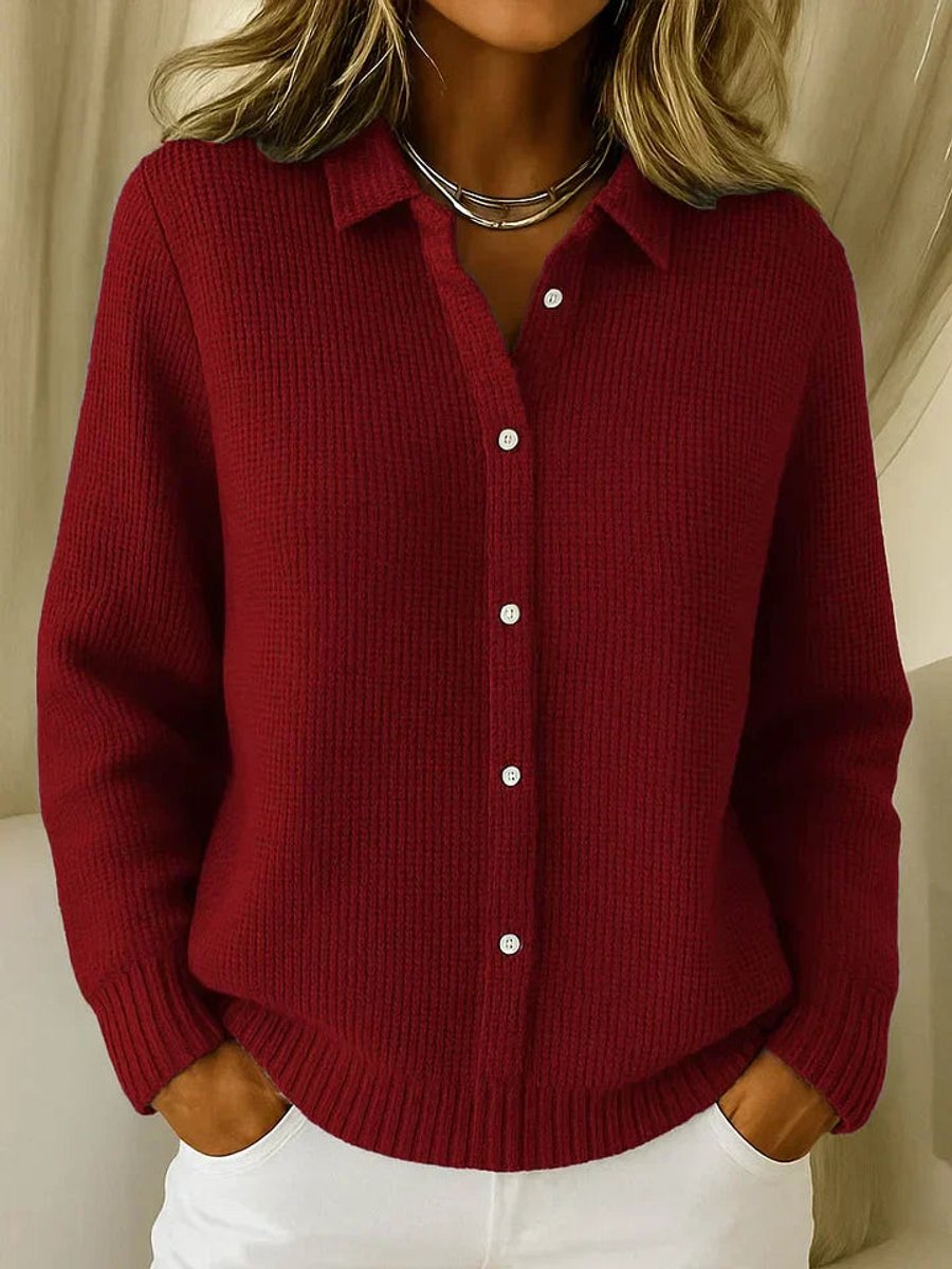 Women's Button-Front Long-Sleeve Ribbed Knit Cardigan Sweater - Dark Red