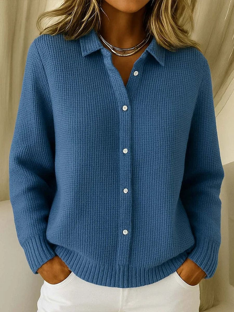 Women's Button-Front Long-Sleeve Ribbed Knit Cardigan Sweater - Dark Blue