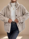 Women's Button-Front Teddy Fleece Jacket with Patch Pockets - Beige