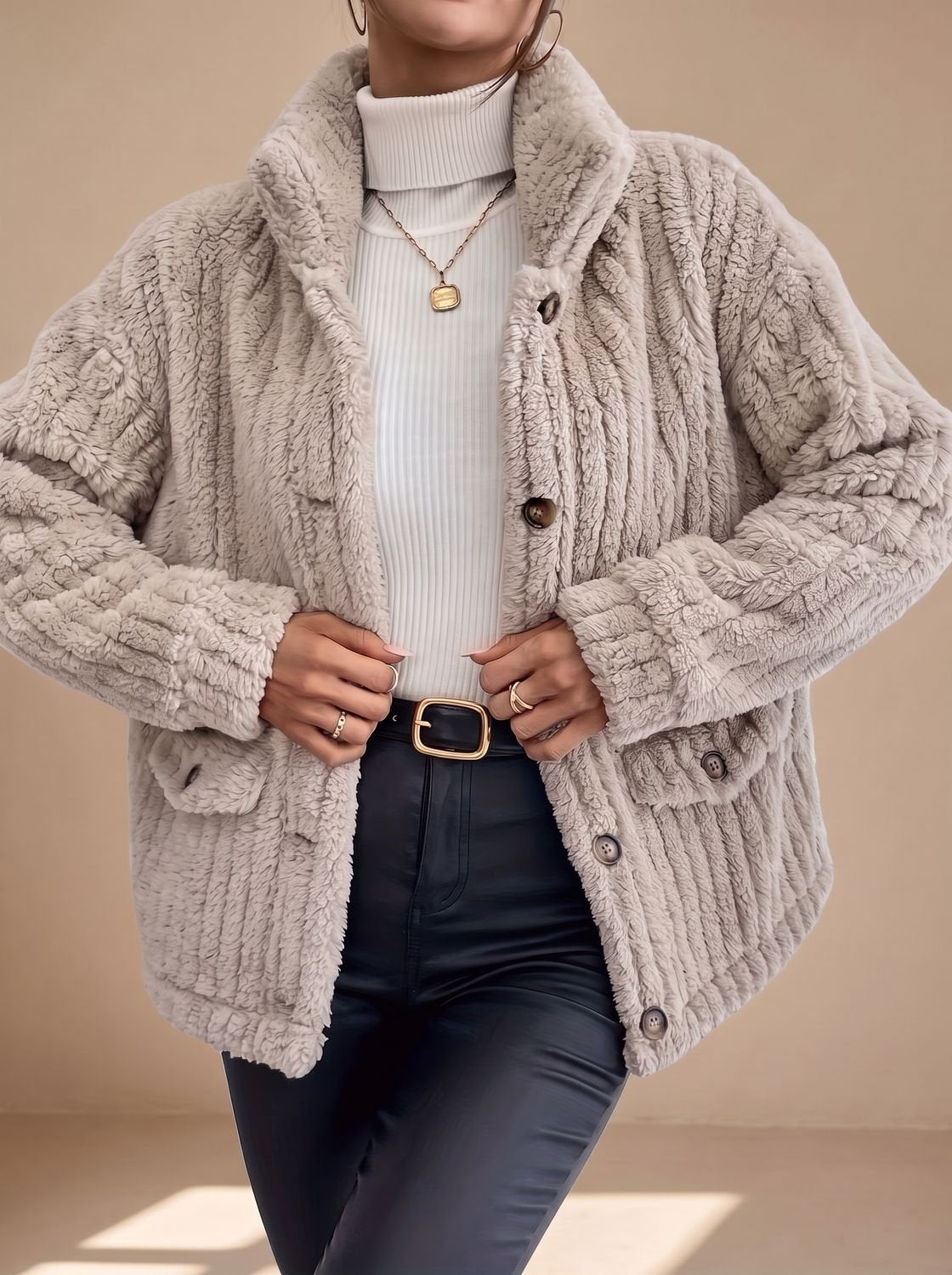 Women's Button-Front Teddy Fleece Jacket with Patch Pockets