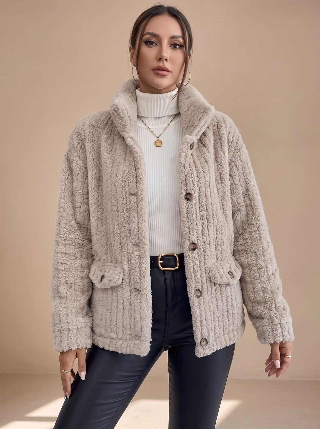 Women's Button-Front Teddy Fleece Jacket with Patch Pockets