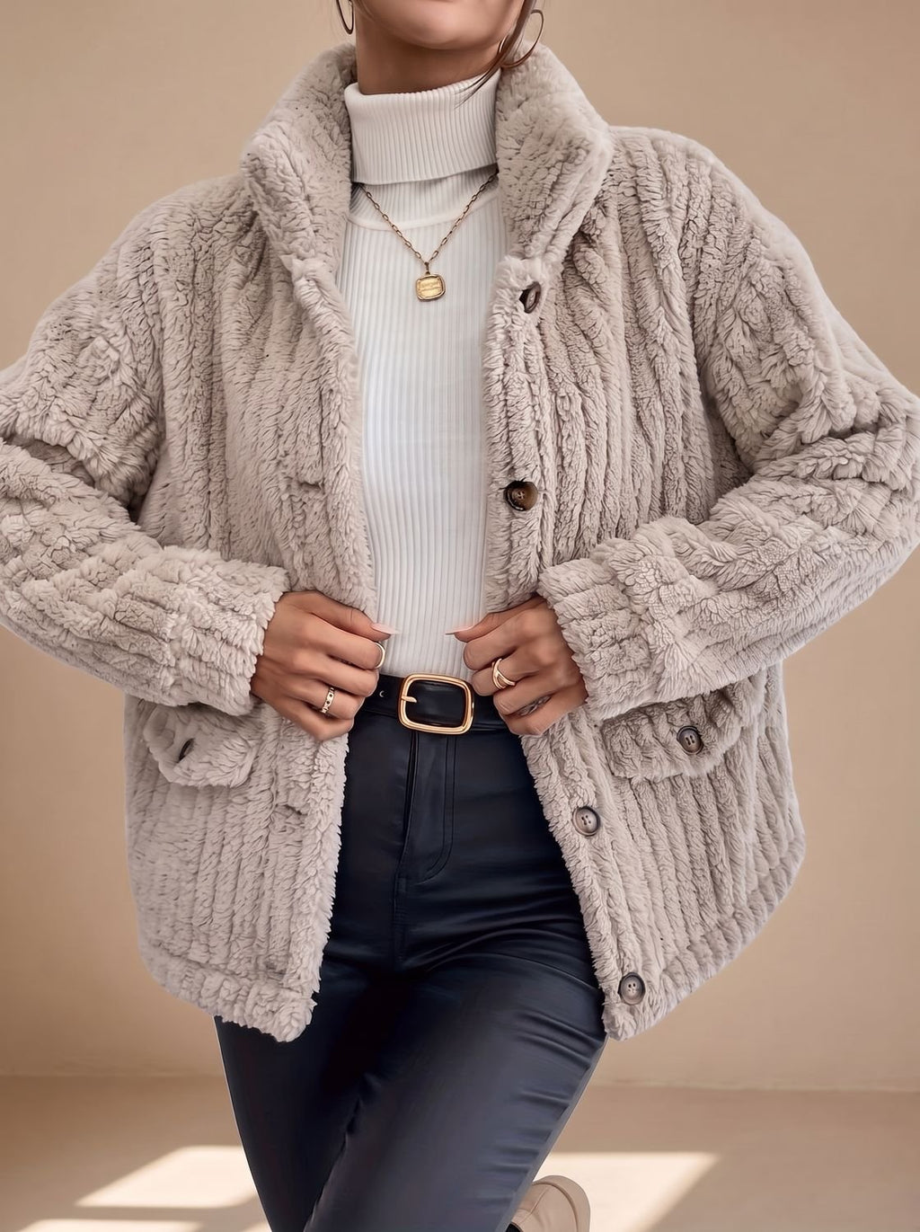 Women's Button-Front Teddy Fleece Jacket with Patch Pockets