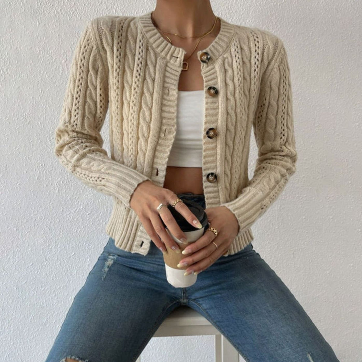 Women's Cable Knit Button-Front Cropped Cardigan Sweater - Beige