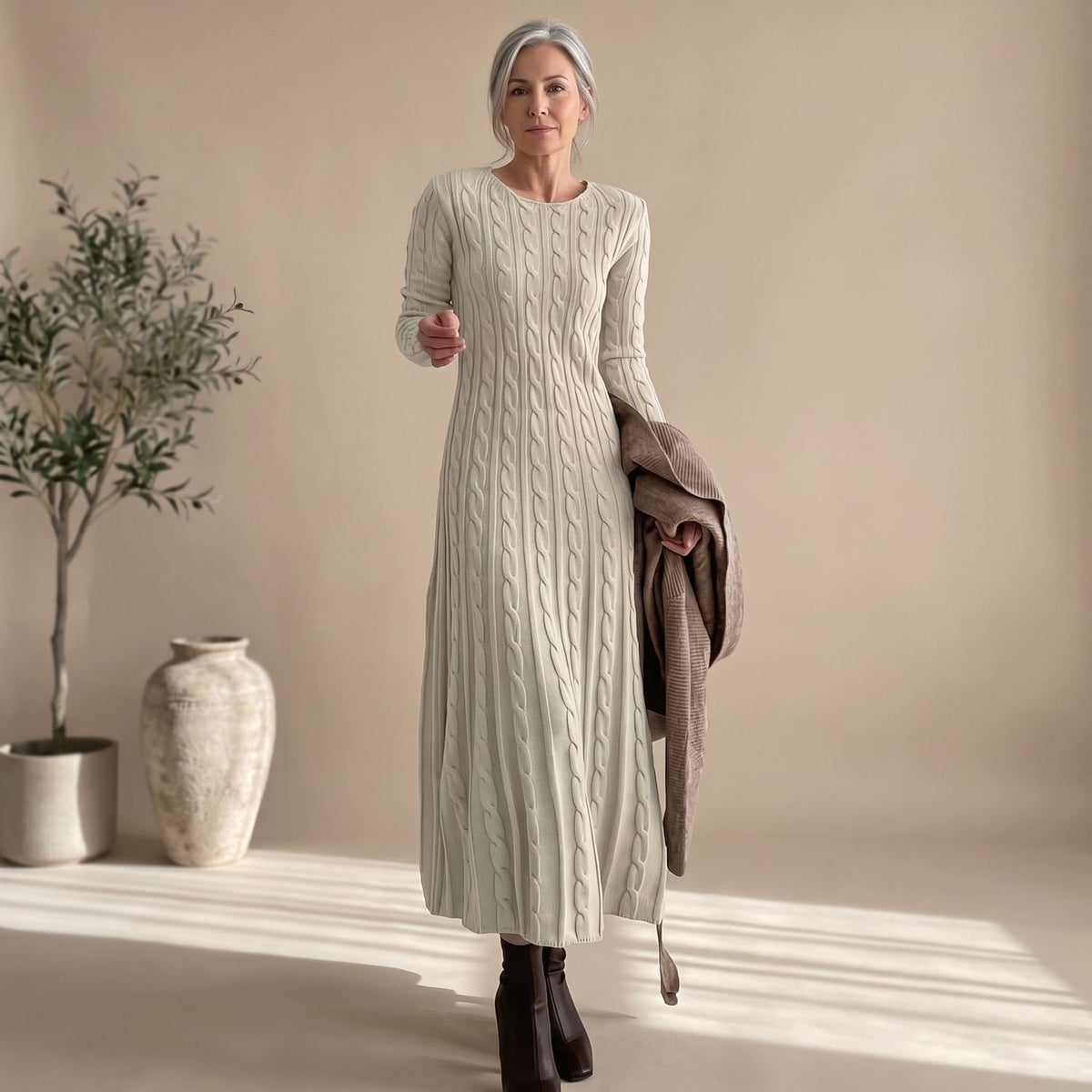 Women's Cable-Knit Long-Sleeve Crew-Neck Maxi Sweater Dress - Apricot