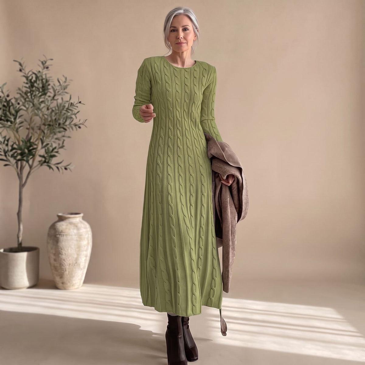 Women's Cable-Knit Long-Sleeve Crew-Neck Maxi Sweater Dress - Green