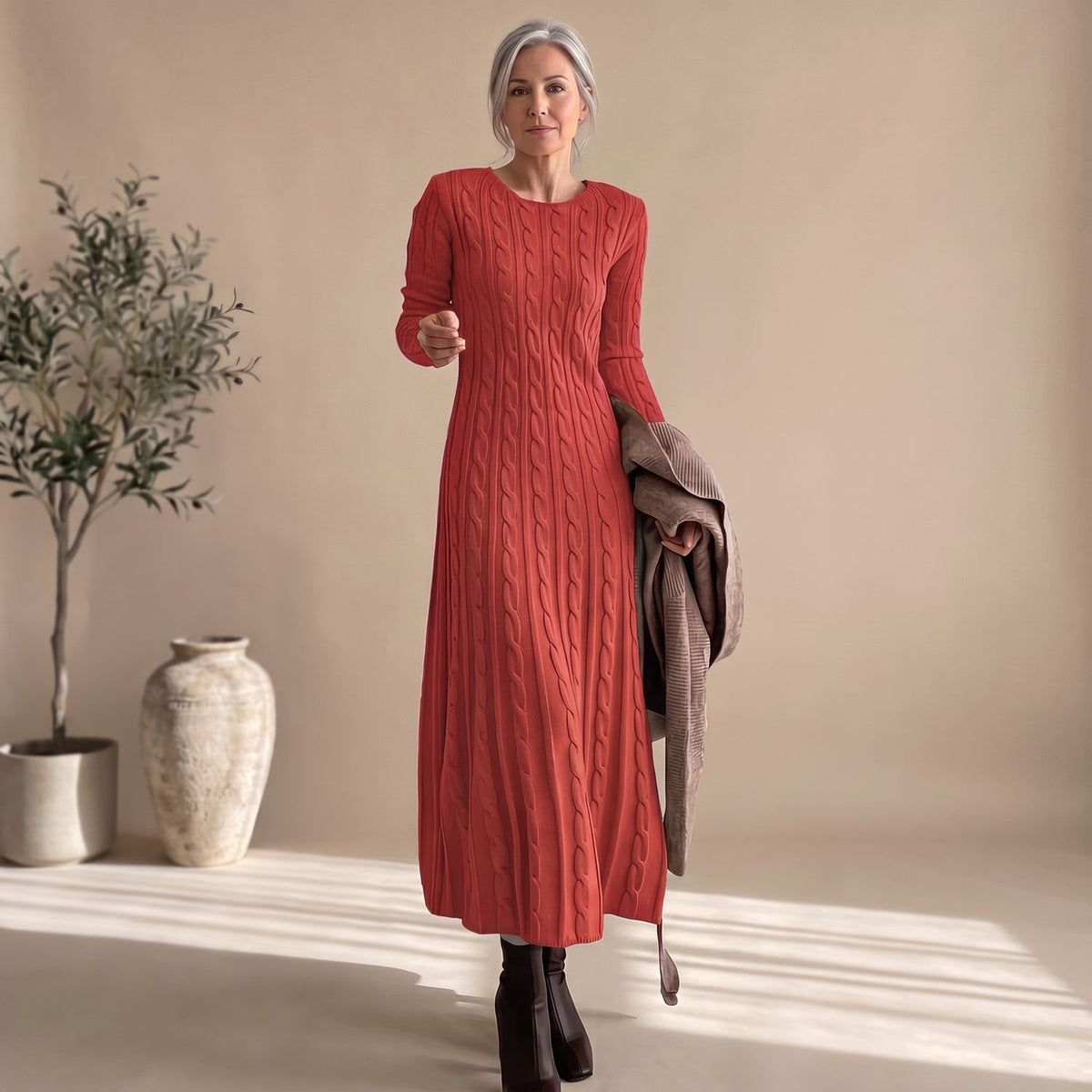 Women's Cable-Knit Long-Sleeve Crew-Neck Maxi Sweater Dress - Red