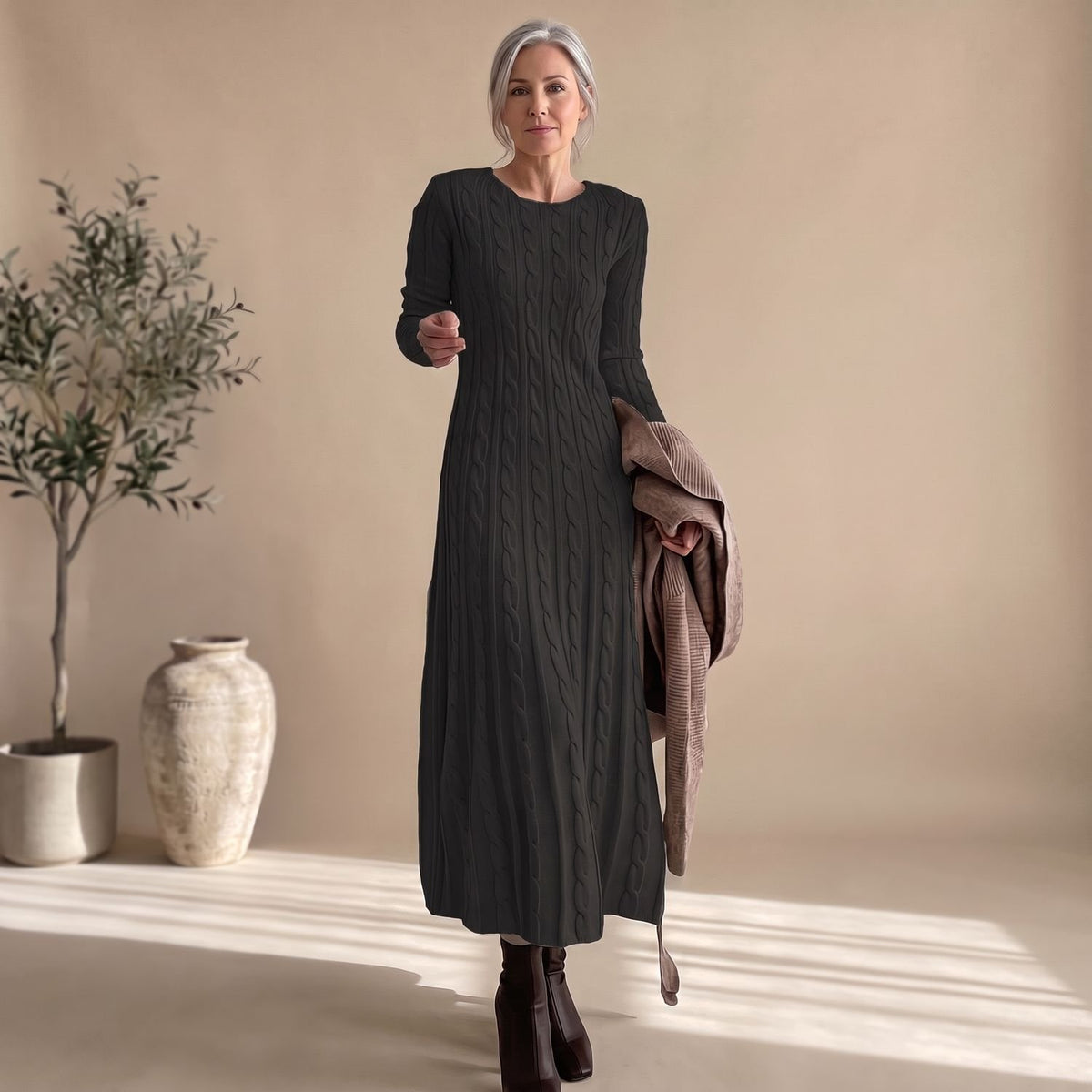 Women's Cable-Knit Long-Sleeve Crew-Neck Maxi Sweater Dress - Black
