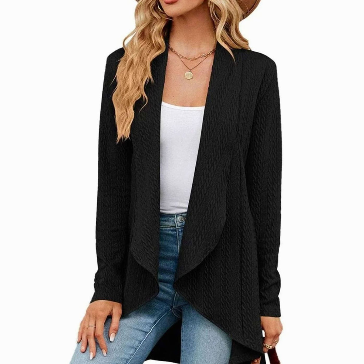 Women's Cable-Knit Open-Front Long-Sleeve Cardigan Sweater - Black