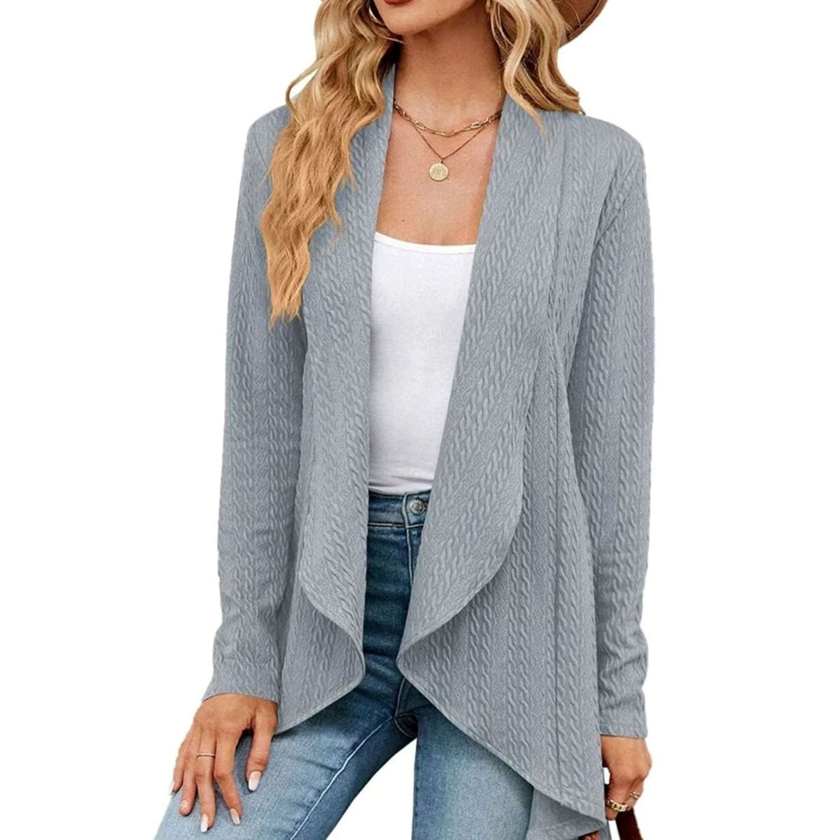 Women's Cable-Knit Open-Front Long-Sleeve Cardigan Sweater - Gray