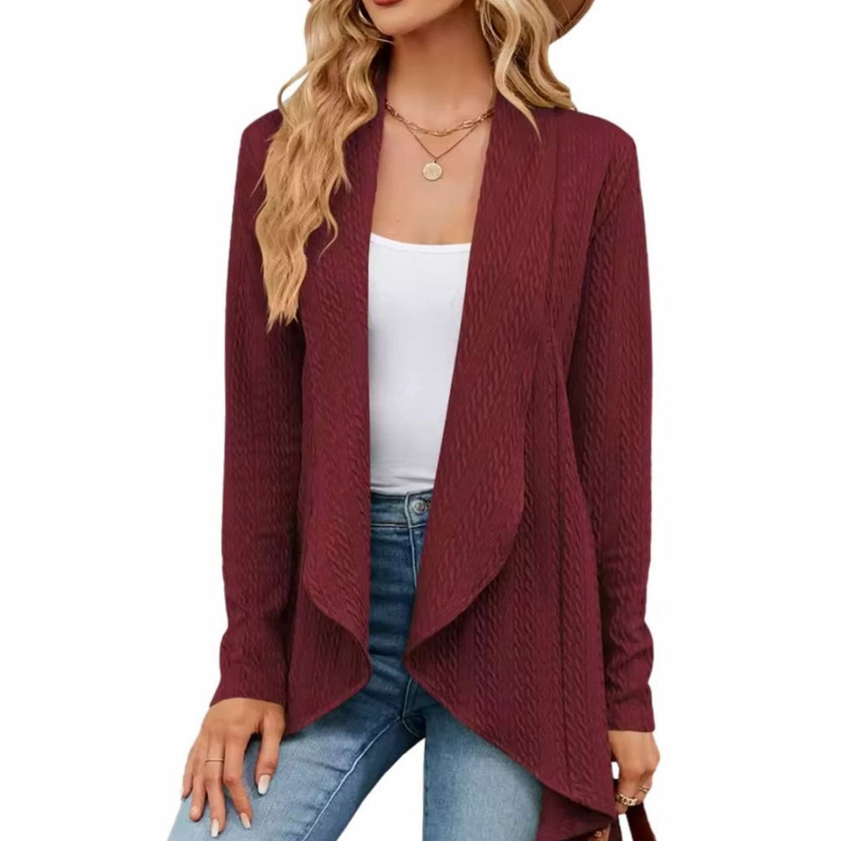 Women's Cable-Knit Open-Front Long-Sleeve Cardigan Sweater - Red