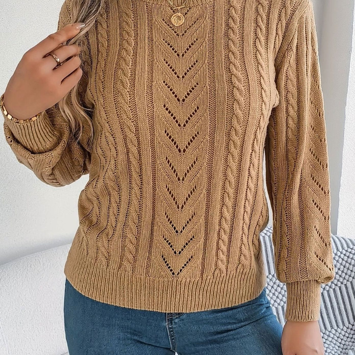 Women's Cable-Knit Openwork Crewneck Sweater - Khaki