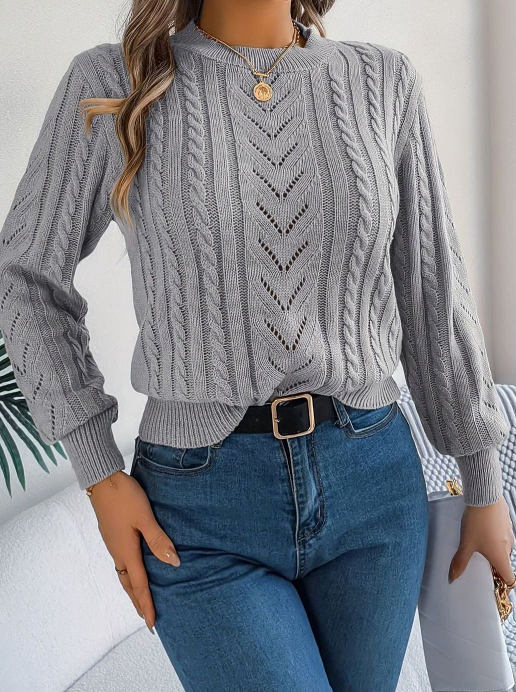 Women's Cable-Knit Openwork Crewneck Sweater