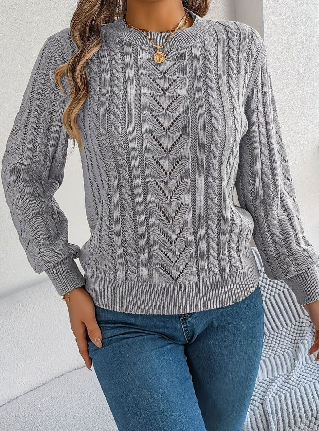 Women's Cable-Knit Openwork Crewneck Sweater