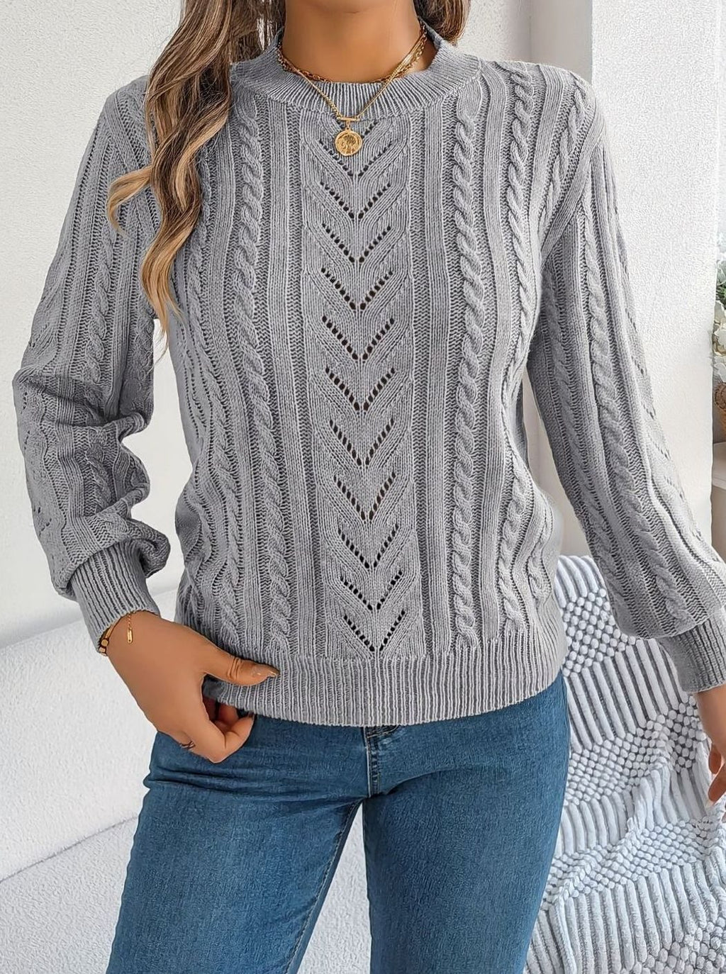 Women's Cable-Knit Openwork Crewneck Sweater