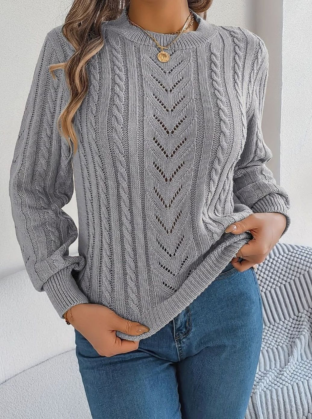 Women's Cable-Knit Openwork Crewneck Sweater