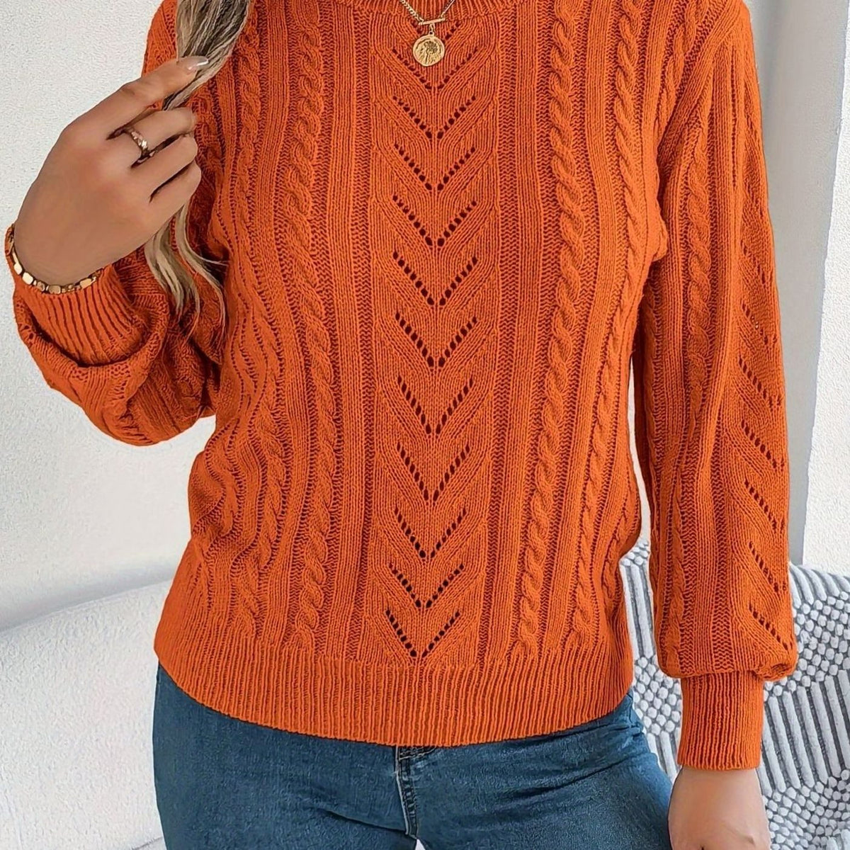 Women's Cable-Knit Openwork Crewneck Sweater - Orange-Red