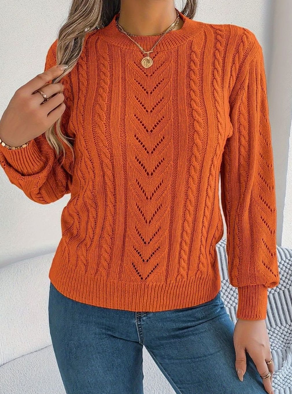Women's Cable-Knit Openwork Crewneck Sweater