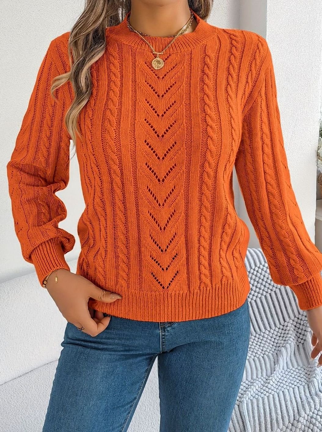 Women's Cable-Knit Openwork Crewneck Sweater