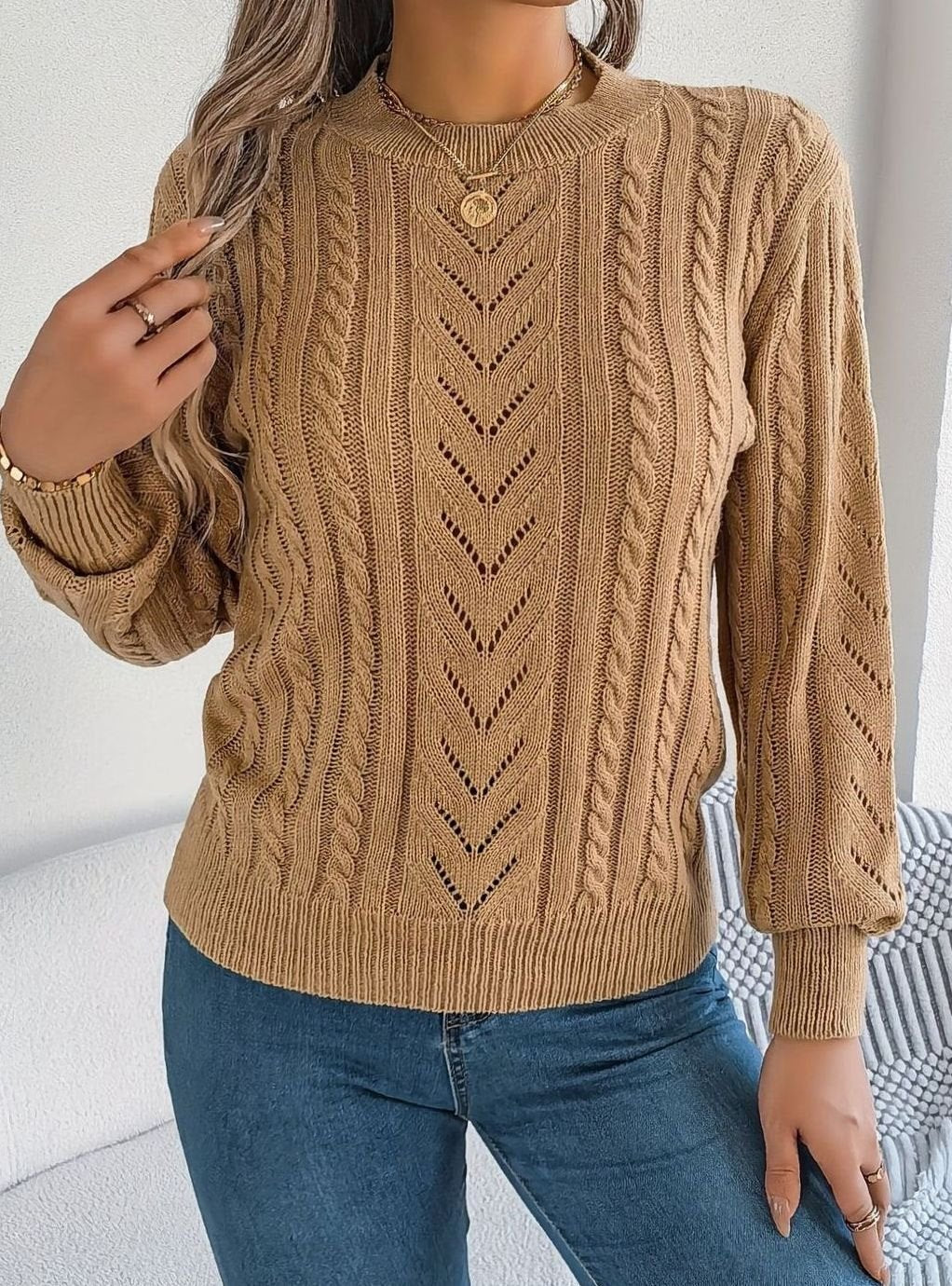 Women's Cable-Knit Openwork Crewneck Sweater