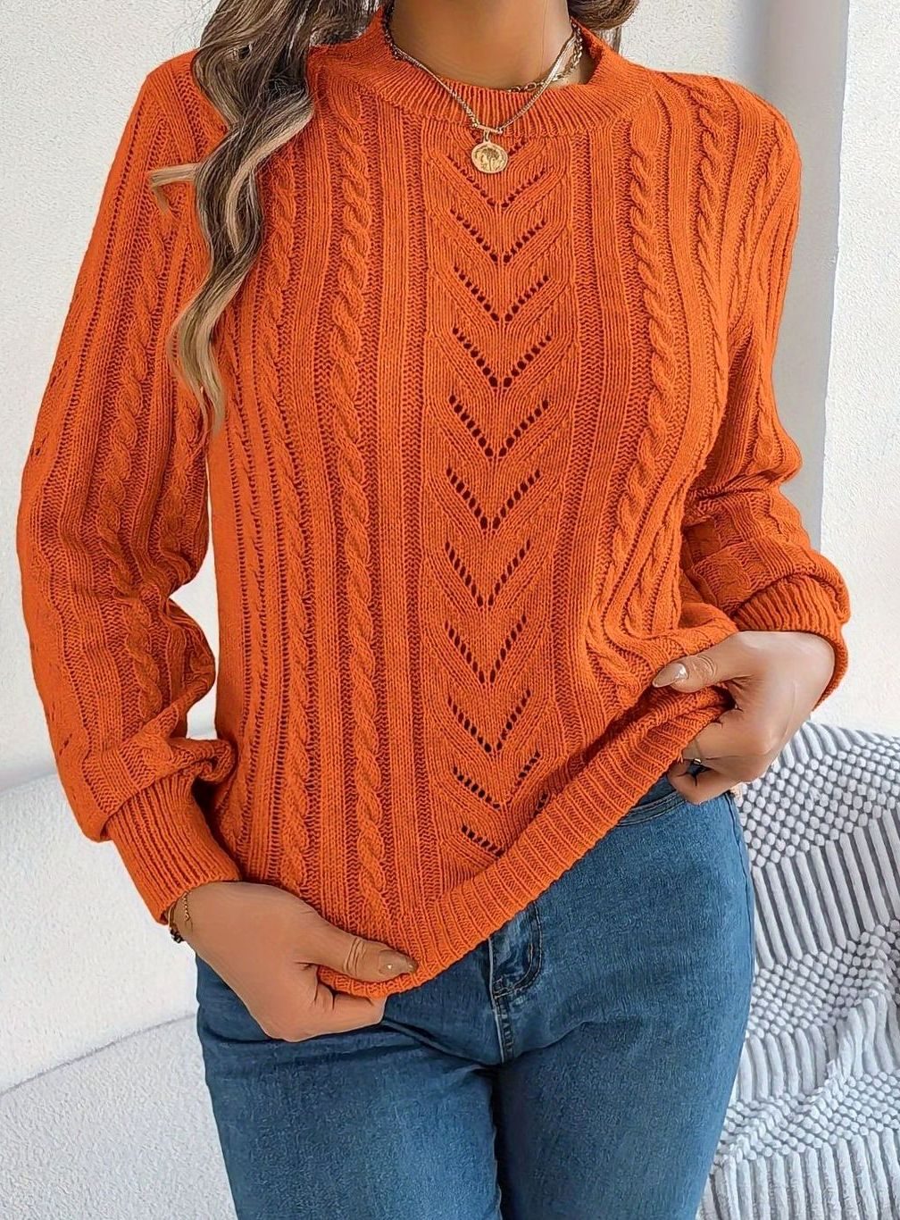 Women's Cable-Knit Openwork Crewneck Sweater