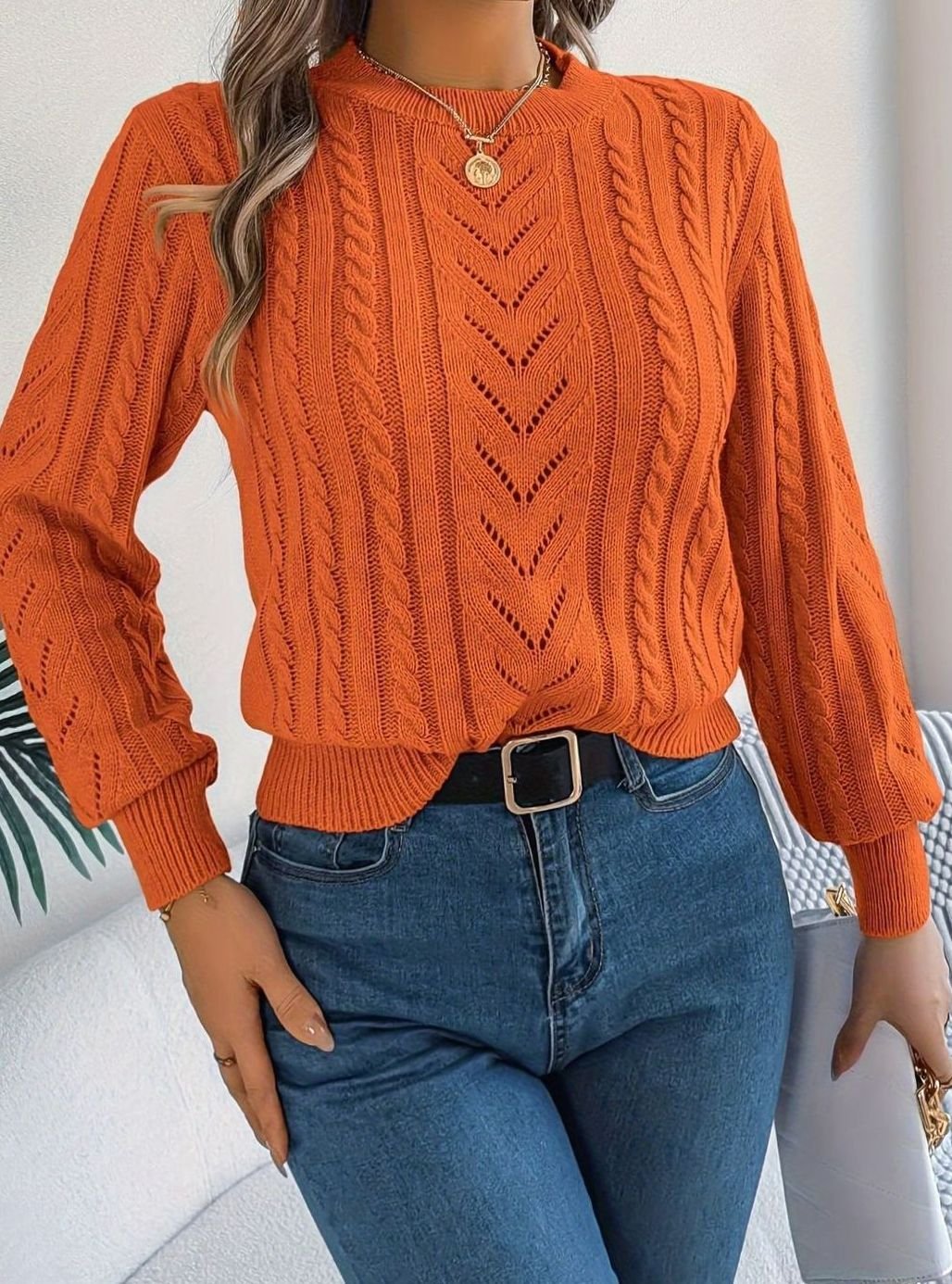Women's Cable-Knit Openwork Crewneck Sweater