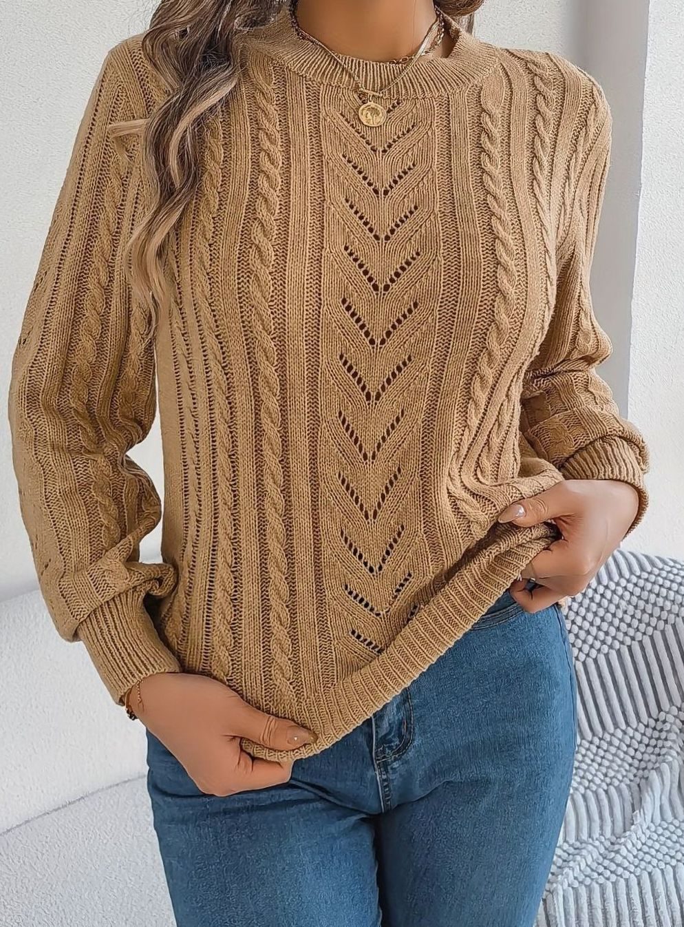 Women's Cable-Knit Openwork Crewneck Sweater