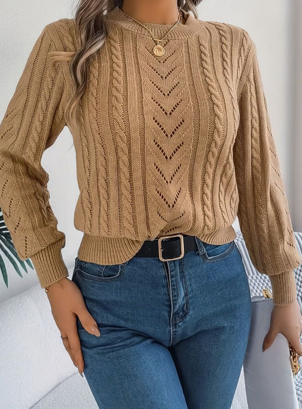 Women's Cable-Knit Openwork Crewneck Sweater