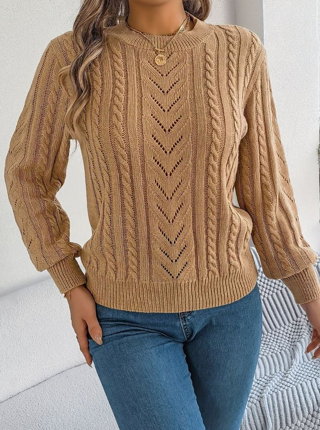 Women's Cable-Knit Openwork Crewneck Sweater