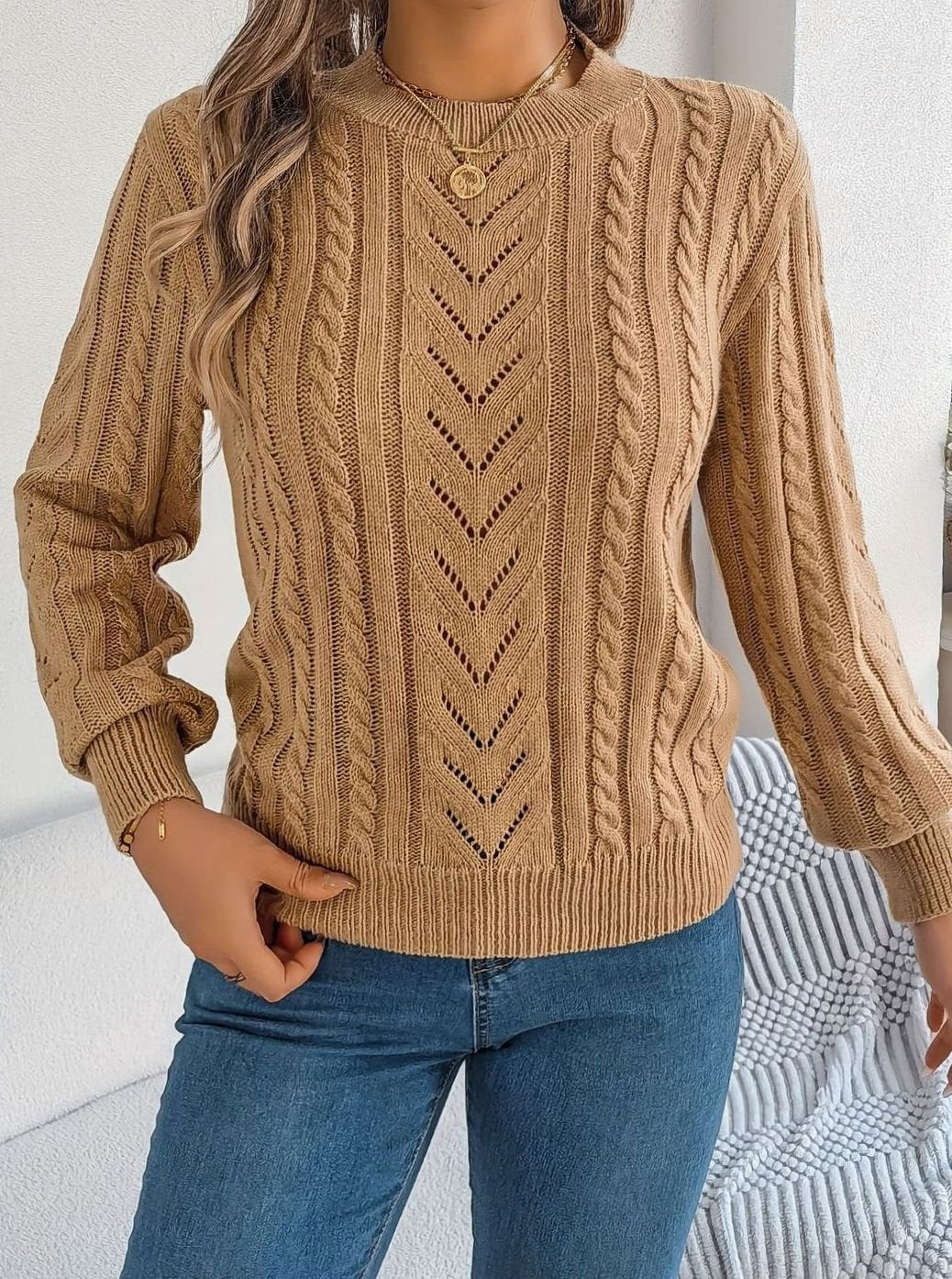 Women's Cable-Knit Openwork Crewneck Sweater
