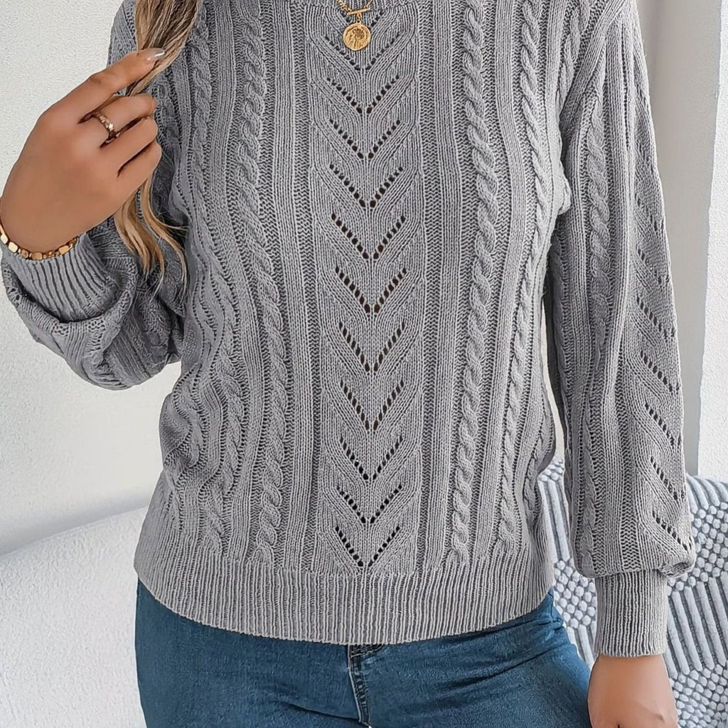 Women's Cable-Knit Openwork Crewneck Sweater - Gray
